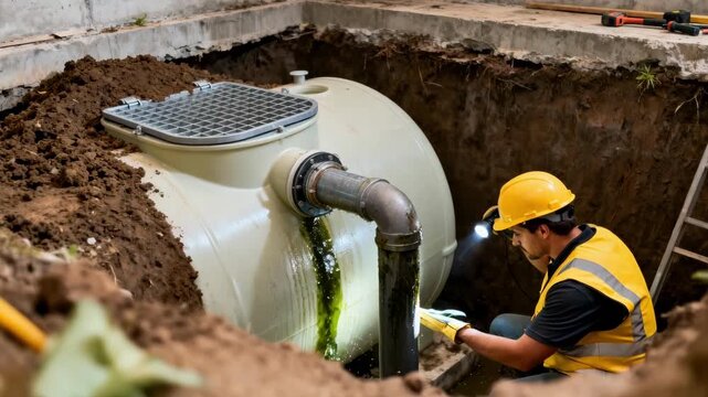 Medium shot of an underground rainwater harvesting setup showing pipes directing rainwater into subsurface storage for later irrigation use.