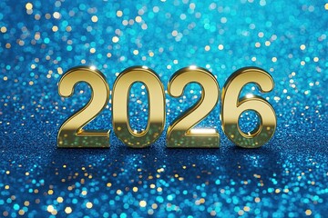 Glittering Blue Background with Golden 2026 New Year Numbers Celebration Design Element Ideal for Greeting Cards and Party Invitations