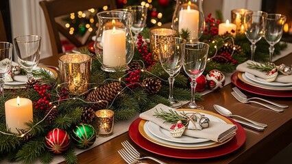 Fototapeta premium Christmas table setting with candles, plates, cutlery and decorations