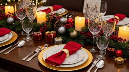 Christmas table setting with red tablecloth, cutlery, candles and decorations