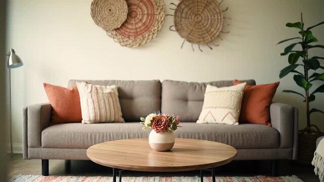 Cozy living room with a brown couch, wooden table, floral centerpiece, decorative wall hangings and potted plant
