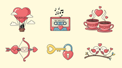Valentine's Day Themed Illustrations With Hot Air Balloon Music Cassette And Birds Keywords: valentine, love, heart, hot air