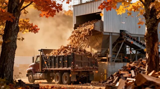 Medium shot of a truck unloading wood chips for biomass fuel at a processing facility surrounded by autumn trees with falling leaves.