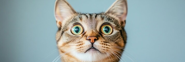 Fototapeta premium Charming American Shorthair Cat Portrait with Intense Gaze Against a Soft Gray Background.