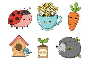 Fototapeta premium Cute Garden Kawaii Vector Sticker Set – 6 Isolated PNG Icons Ladybug, Teacup Planter, Carrot, Birdhouse, Sprout & Hedgehog – Bold Outline, Crisp Edges