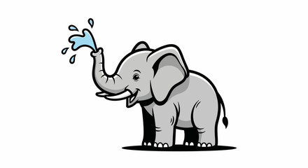 Cheerful elephant cartoon character spouting water from its trunk on white background