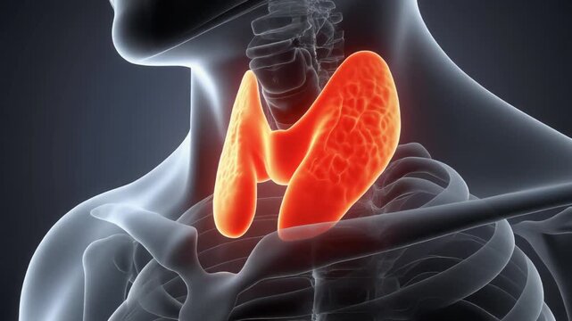 3D animation of the human thyroid gland within the bodys skeletal structure.
