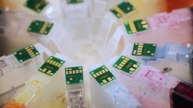 Used inkjet printer cartridges electronic chip close-up