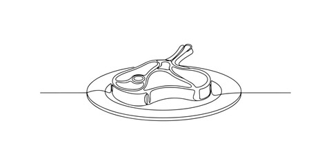Continuous one line of a simple steak on a plate, representing hearty meals, daily dining, and protein-rich food, hand drawn vector illustration.