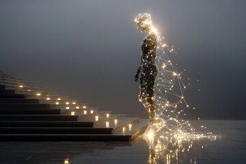 Digital Figure Ascending Steps, Lit by Golden Light