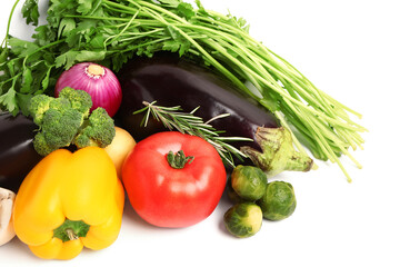 Fresh ripe vegetables on white background, closeup