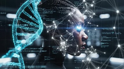 Digital woman profile with glowing DNA, data, and network connections overlays against dark background