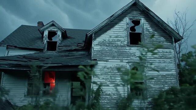 Dilapidated, old farmhouse with broken windows and peeling paint stands eerily under a stormy, overcast sky
