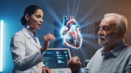 Doctor explains floating heart hologram to senior patient with charts displayed on screen in modern setting - Powered by Adobe