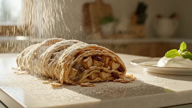 Delicious apple strudel dusted with powdered sugar, ready to serve
