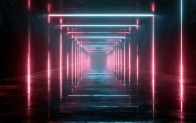 Fototapeta premium Abstract futuristic tunnel with neon lights and reflective surface