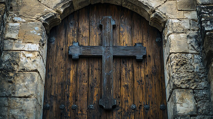 A wooden door with a cross on it