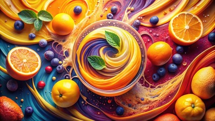 Vibrant Citrus and Berry Swirl in a Glass Bowl, Surrounded by a Colorful Abstract Liquid Painting