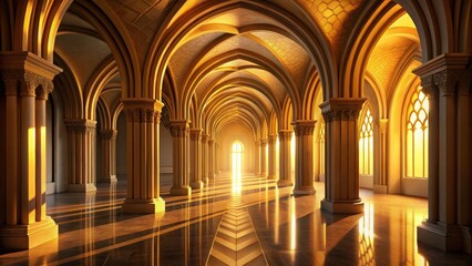Golden Sunlight Illuminates a Majestic Hallway with High Arched Ceilings and Ornate Columns, Creating a Pathway of Light