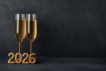 Two glasses of sparkling champagne with gold 2026 numbers celebrating the upcoming New Year, offering copy space