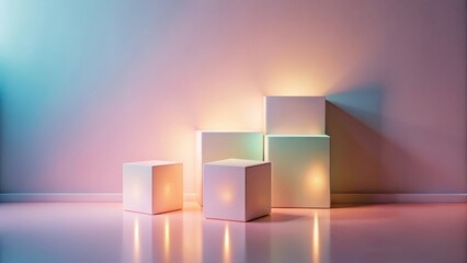 Illuminated Cubic Display in Soft Pastel Hues on Polished Floor