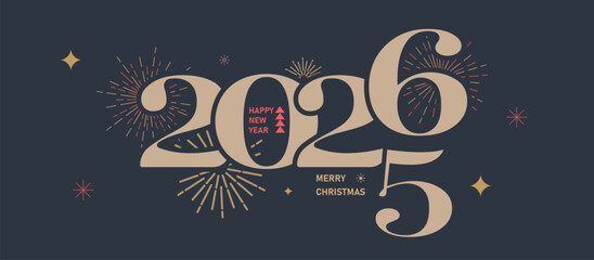 A horizontal banner for New Year and Christmas celebrations. The 2026 New Year s card features a dark background, a beige logo, and a background with the numbers of the outgoing year and the new year