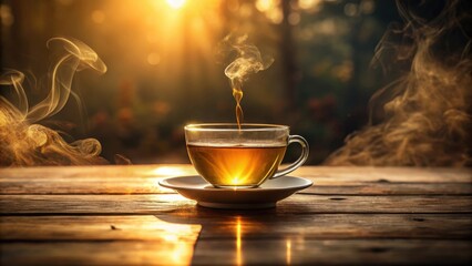 Aromatic Steam Rising from a Warm Cup of Tea at Sunrise on Rustic Wooden Table