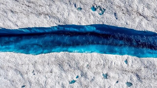 Aerial view of a blue river on white rocky surface