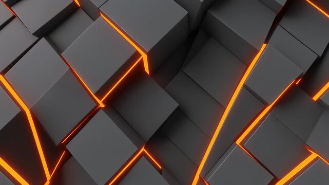 Abstract 3D rendering of a futuristic dark gray cube pattern with vibrant orange glowing lines creating a dynamic, interconnected technological background, ideal for modern digital design