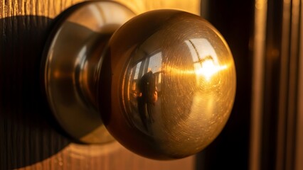 Extreme Close-up of a Shiny Brass Door Knob on a Wooden Door, Reflecting Warm Sunlight and a Silhouetted Interior Scene