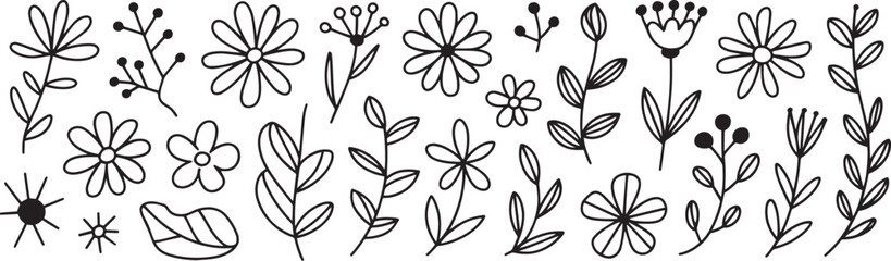 Hand-drawn floral doodle collection with simple flowers, leaves, and branches, minimalist botanical line art illustration isolated on white background