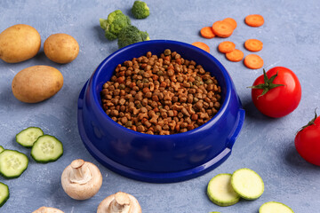 Composition with dry pet food and healthy products on color background, closeup