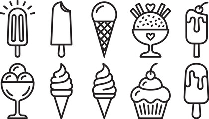 Black-and-white icons of frozen desserts including ice cream, popsicles, and cupcakes