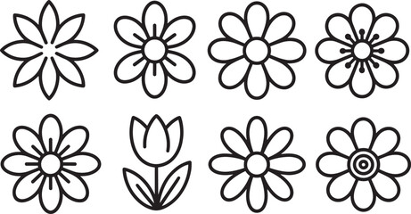 Black-and-white flower icons featuring tulip, petals, buds, and botanical outlines for design and decor