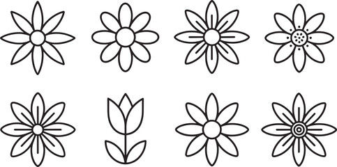 Black-and-white flower icons featuring tulip, petals, buds, and botanical outlines for design and decor