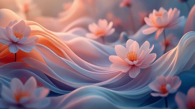 Pastel shapes drifting softly around floral impressions forming dreamy calming background with gentle flowing animation throughout