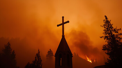 A church steeple with a cross on top is silhouetted against a fire
