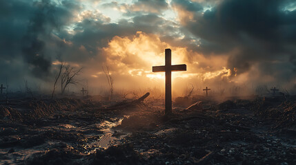 Fototapeta premium A cross is standing in a field of rubble