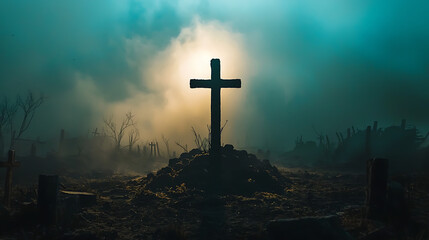A cross is in the middle of a graveyard