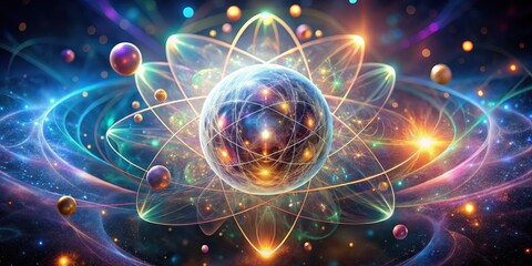 A Vibrant Visualization of Subatomic Particles Orbiting a Luminous Core Within a Cosmic Nebula