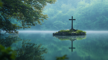 A small wooden cross is on a small island in a lake