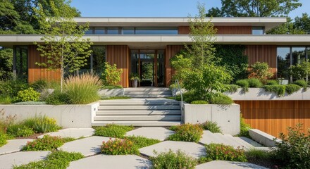 Modern Architectural Home with Terraced Landscaping, Concrete Pathways, and Wood Slat Facade under a Clear Blue Sky