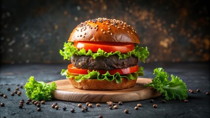 A delectable double-decker burger, featuring a succulent patty nestled between toasted sesame seed buns, layered with crisp lettuce and ripe tomato slices, presented on a rustic wooden board.
