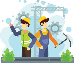 Mining workers coordinating tasks at industrial site illustration