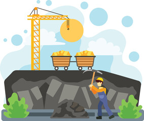 Miner working at surface site with carts of gold ore illustration