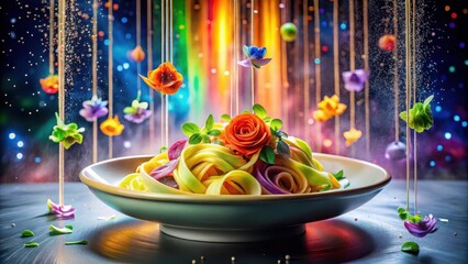 Aromatic Rainbow Pasta Dish with Suspended Floral Accents and a Vibrant Culinary Presentation
