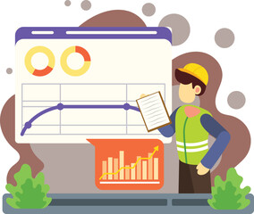 Worker analyzing mining production charts on board illustration
