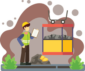 Mining worker inspecting ore at underground elevator illustration