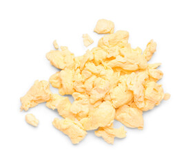 Tasty scrambled eggs on white background