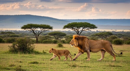 Fototapeta premium Majestic African Lion and Cub Walking Through Golden Savanna at Sunrise